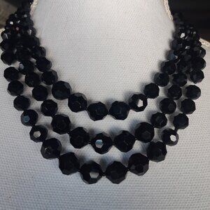 1950s Boucher 3 Strand Jet Black Round Faceted Crystal Vintage Necklace